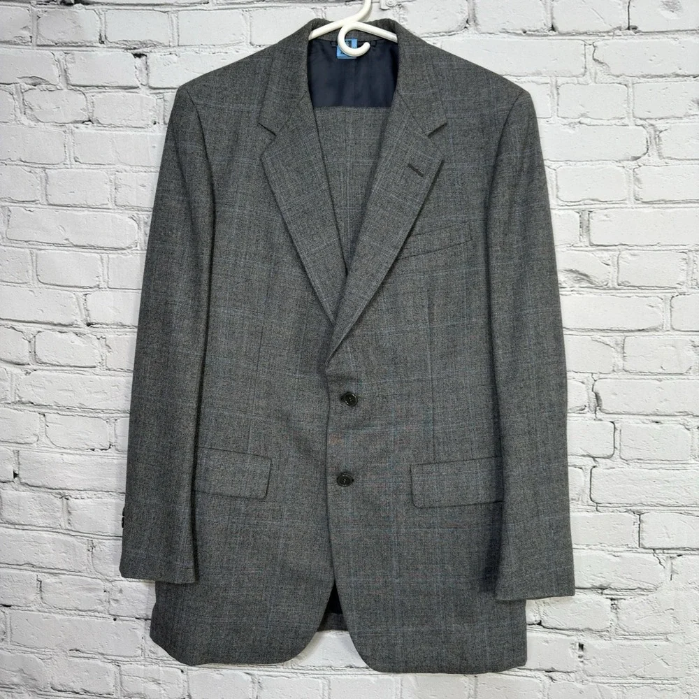 VTG Hickey Freeman Suit 42L Pure Wool Gray‎ Glen Check 36L Pants USA 90s